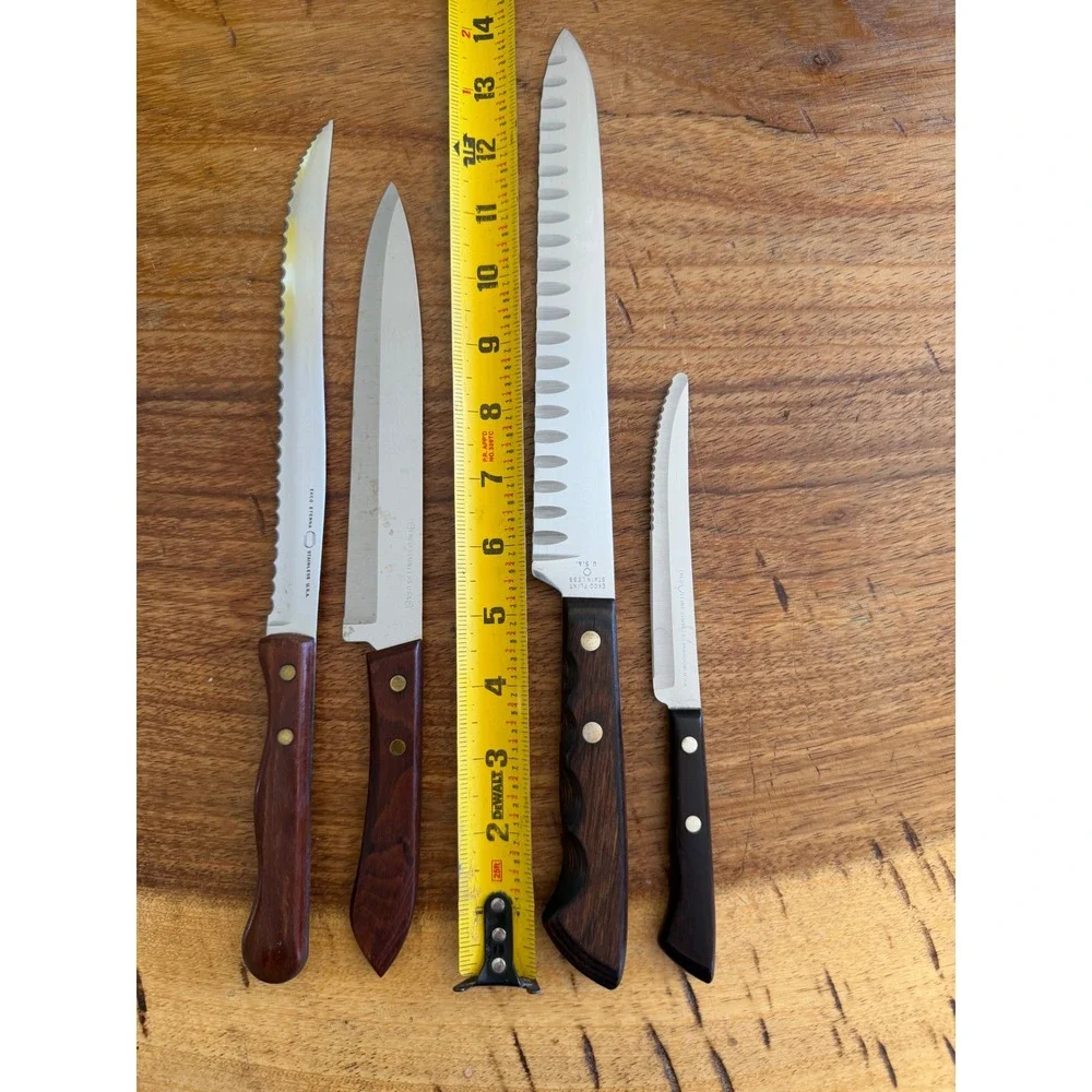 Vintage Ekco Flint Eterna Knife 4pc Stainless Wood Handle USA Slicer Serrated